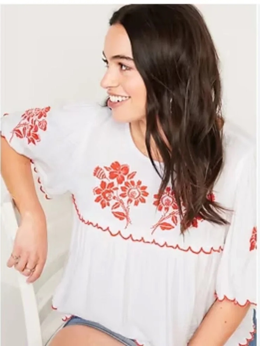 Old Navy White Peasant Top with Red Floral Embroidery